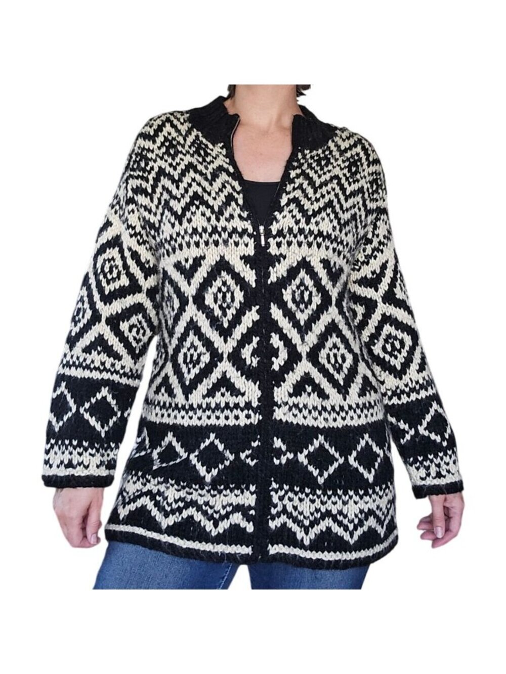 Vintage Nordic Design Black Cream White Knit Zip Up Sweater Women's Size 1X
